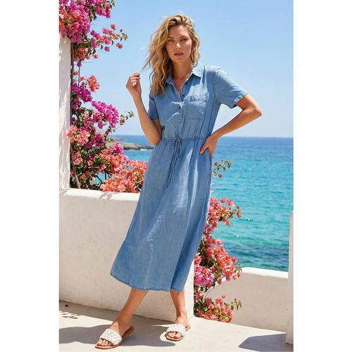 Roman Womens Buttoned Midi Shirt Dress - Blue