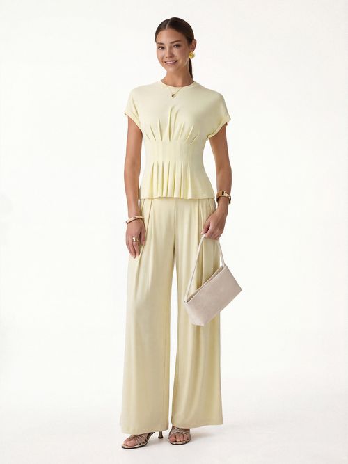 2Pcs Set Round Neck Short Sleeve Tee & Wide Leg Pants with Pockets - Butter Yellow / XS