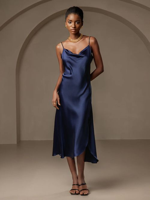 Pure Silk Spaghetti Strap Slit Long Dress