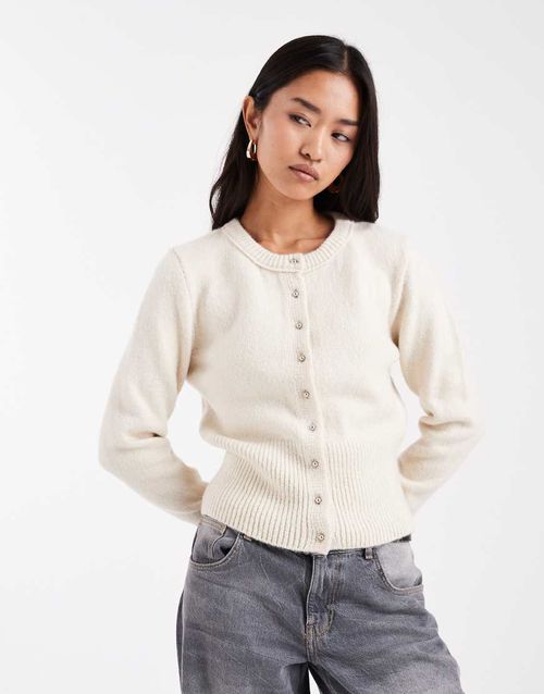 Fluffy neat fit knit cardigan-White