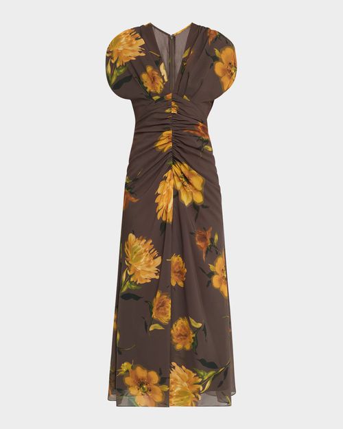 Floral-Print Chiffon V-Neck Shirred Midi Dress