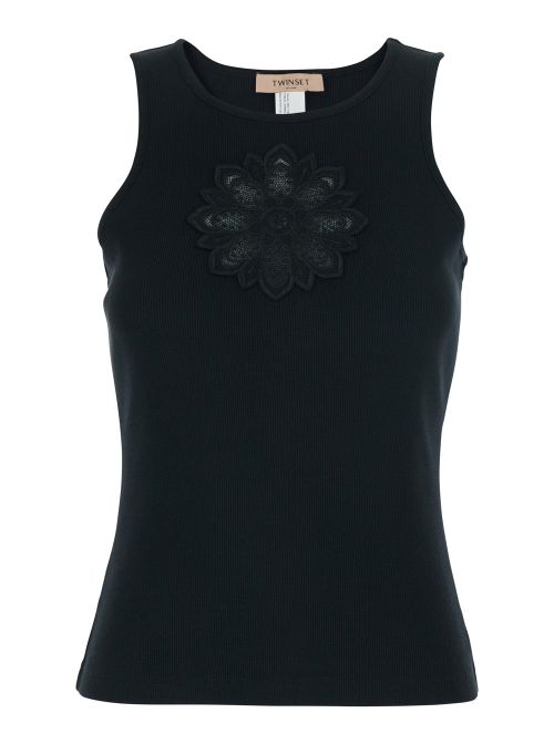 Tone-on-Tone Floral Embroidery Tank Top — Black