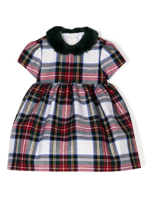 Faux-fur collar check-pattern dress - Multicolour