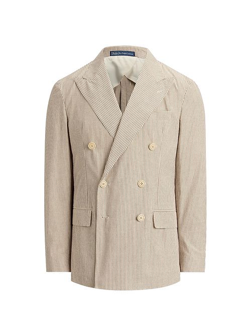 Men's Striped Seersucker Double-Breasted Blazer - Light Brown Vintage Cream