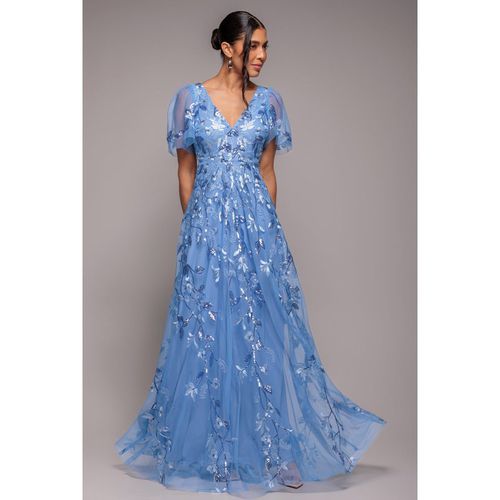 Goddiva Flared Sleeve Embroidered Maxi Dress - Cornflower Blue