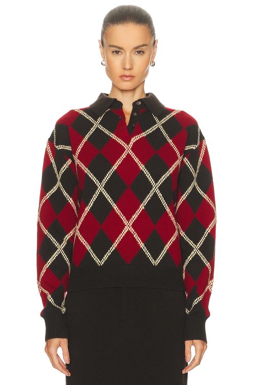 Guest In Residence Collegiate Argyle Polo Top in Burnt Cocoa Combo - Red. XS also in L, M