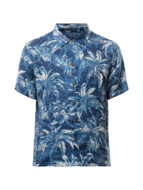 Mens Palm Tree Short Sleeve Shirt in Indigo Palm Shadow, Linen