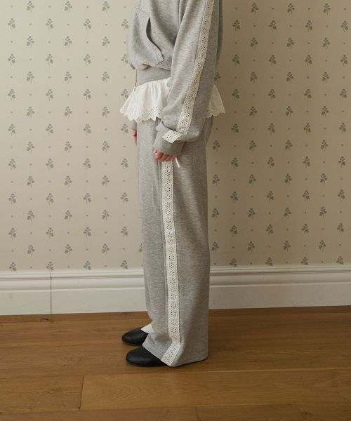 Side Cotton Punching Lace Wide Sweatpants Melange Grey