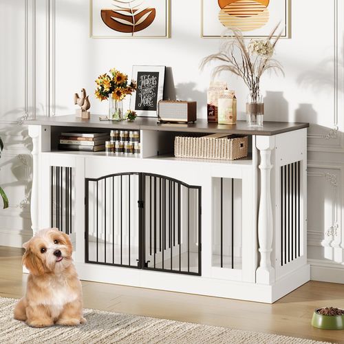 Garvee Roman Column 63 Inch Large Dog Crate Furniture for 2 Dogs with Open Storage, Heavy Duty Dog Kennel Entertainment Table TV Stand for Small and Medium Dogs, Dark Walnut Top