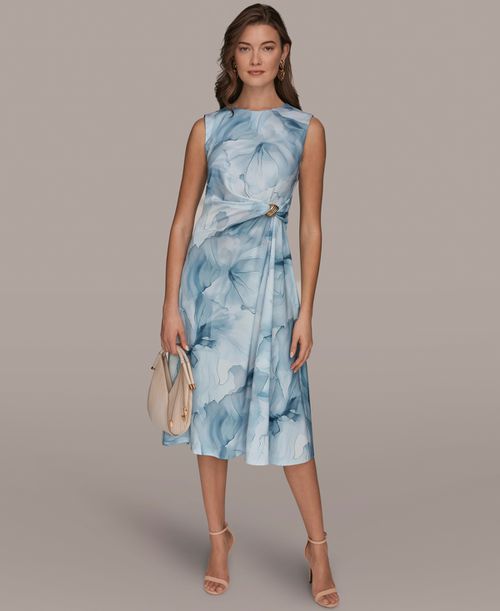 Women's Crew neck Dress - Washed indigo multi