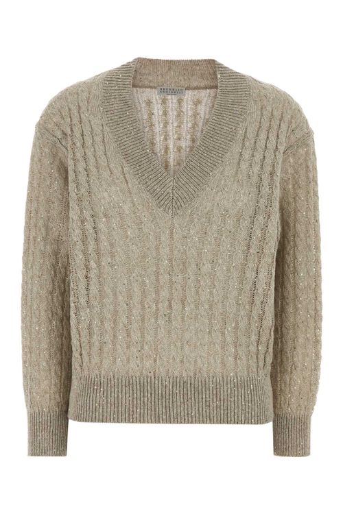 Linen-Nylon V-Neck Sweater — Beige