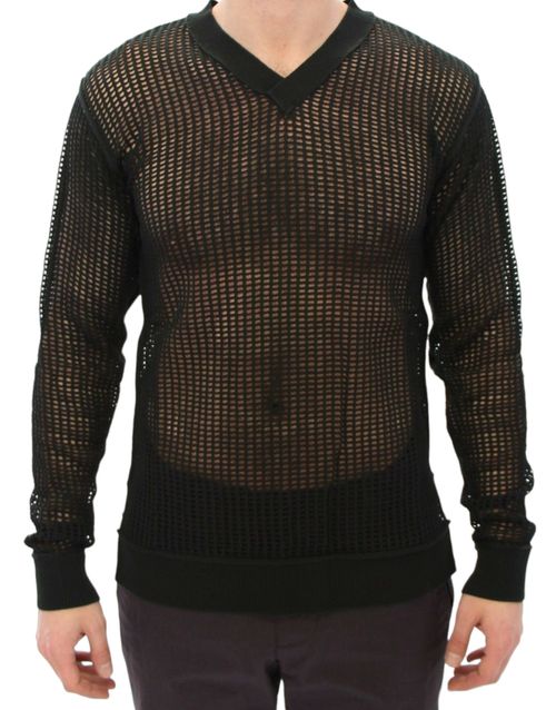 Perforated Mesh Cotton Sweater — Black