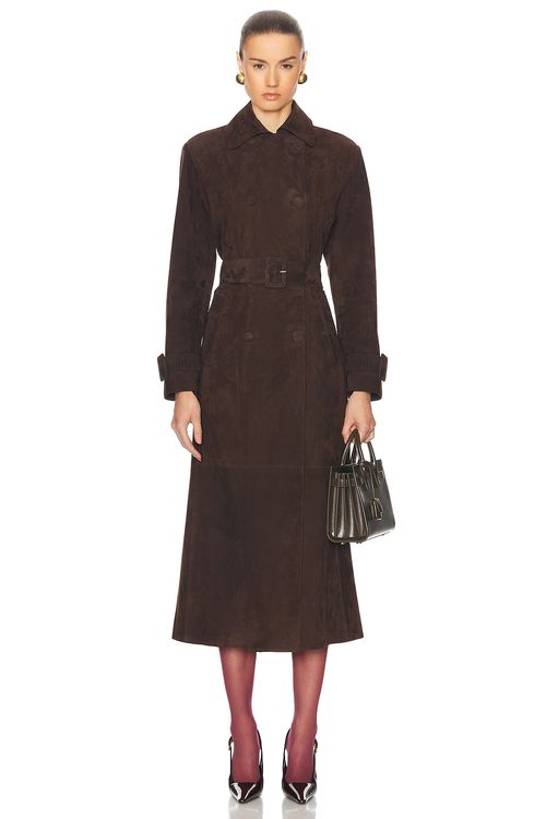 NOUR HAMMOUR Tate Suede Trench Coat in Mocha Suede - Brown.  42 also in