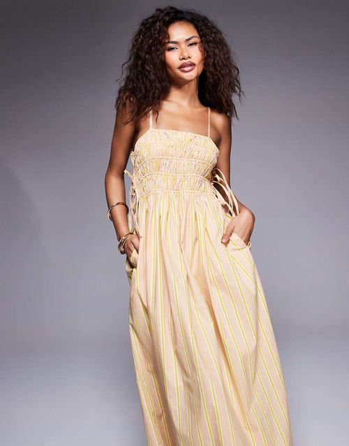 River Island shirred strappy midi dress in stone-Neutral