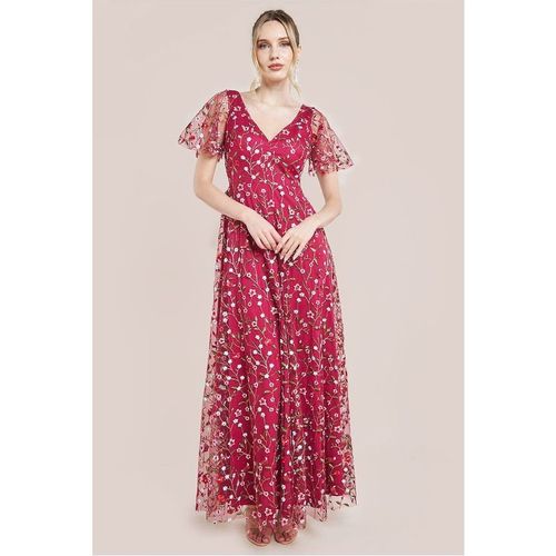 Flutter Sleeve Floral Embroidered Maxi - Burgundy by Goddiva