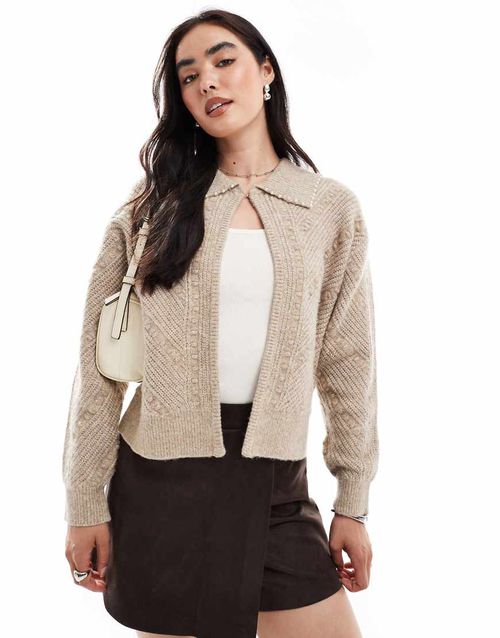 Kitty faux pearl collared cardigan in almond-Neutral