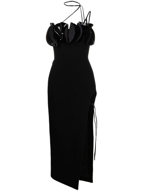 Floral-appliqué crepe wool midi dress - Black