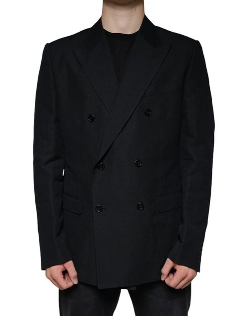 Linen-Cotton Double-Breasted Blazer — Black
