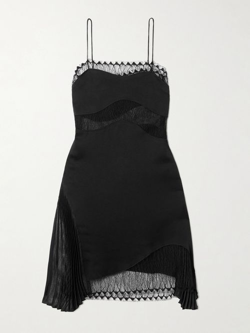 Pleated Chiffon And Lace-trimmed Satin-crepe Mini Dress - Black
