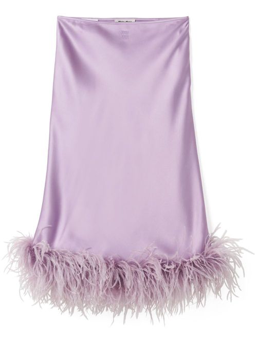 Feather-trimmed satin midi skirt - Purple