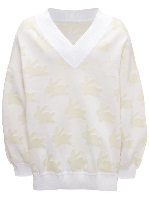Bunny-print V-neck jumper - White
