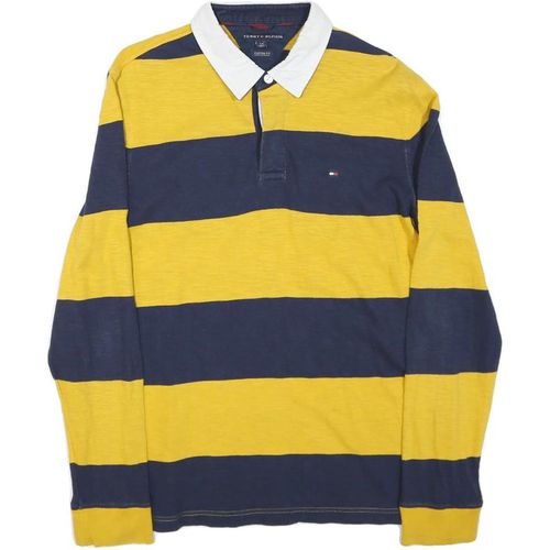 TOMMY HILFIGER Mens Yellow & Blue Striped Long Sleeve Polo Shirt L Cotton Blend
