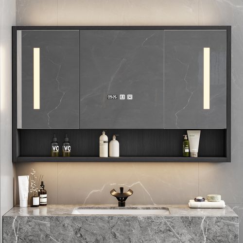 39" Black LED Medicine Cabinet with Adjustable Lighting, Demister & Digital Clock