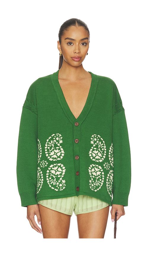 Found Paisley Jacquard Cardigan in Dark Green. L. Also in XS
