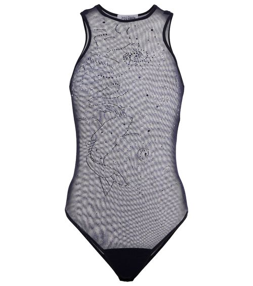 Embellished printed mesh bodysuit