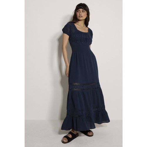 Apricot Women's Floral Lace Cotton Milkmaid Maxi Dress in Navy