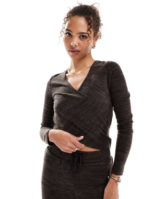 Vero Moda cross front jersey top in heathered chocolate - part of a set-Brown