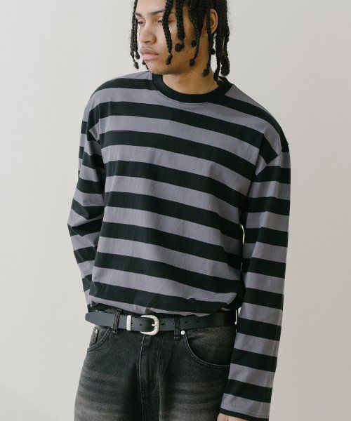 Overfit Stripe Long Sleeve_Charcoal / Black