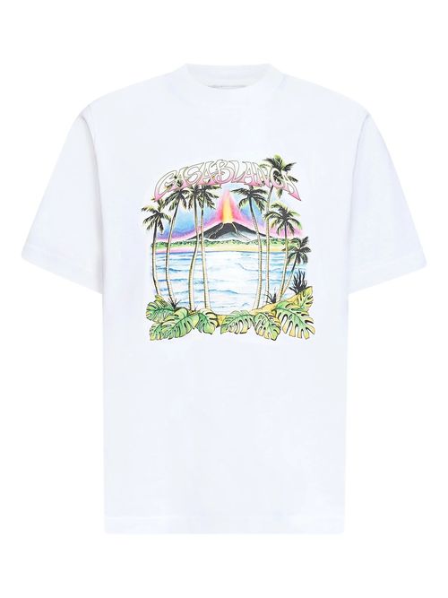 Ribbed Crew Neck Volcano Print Logo T-Shirt