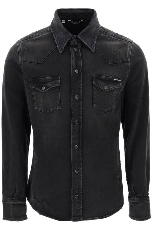 -Camicia Western In Denim Distressed-Uomo