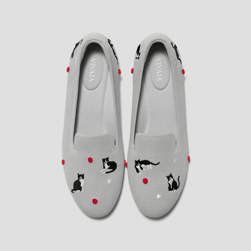 VIVAIA Round-Toe Embroidered Loafers Audrey|OYSTER GREY-TUXEDO CAT