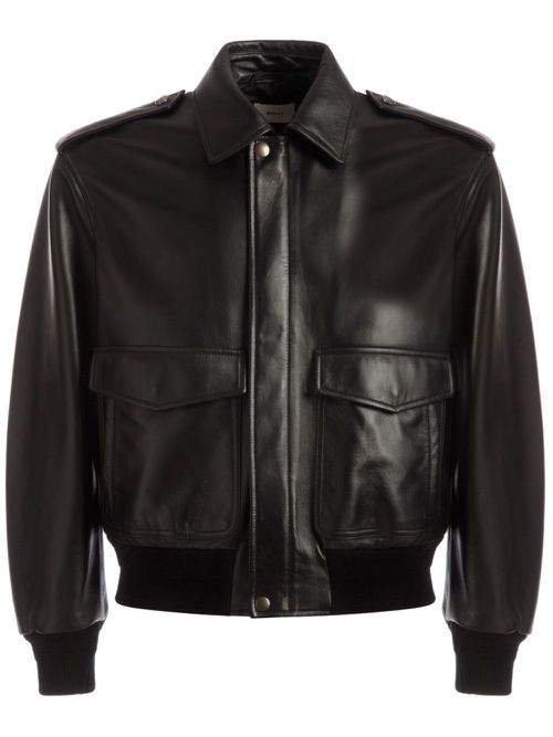 Cargo-pockets leather bomber jacket - Black