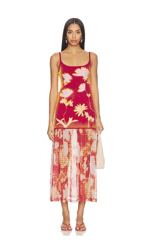 Ginger Flower Print Tank Dress in Orange,Burgundy. S. Also in XS