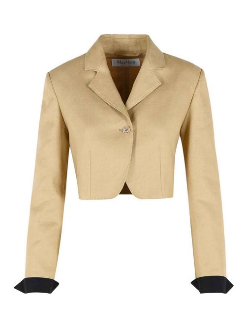 Buono Diagonal Cropped Jacket In Camel Linen