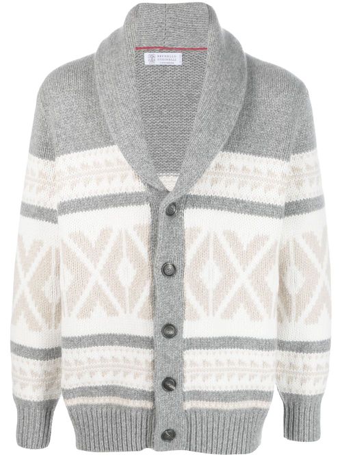Pattern-intarsia knitted cashmere cardigan - Grey