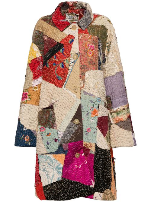 Floral-embroidered patchwork coat - Brown