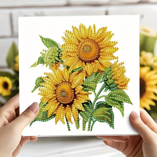 TEMU 6pcs 5d Diamond Painting Card Set - Vibrant Sunflower Design, Special Shape Diy Art Crafts, Includes Envelope And Accessories, Birthday And
