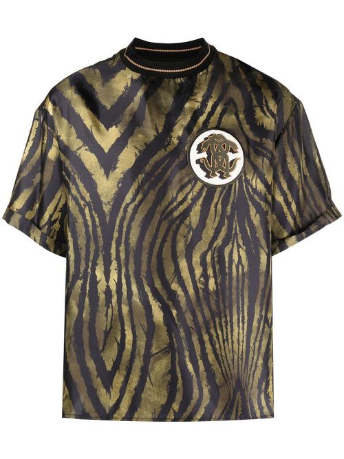 Tiger-print logo-patch silk T-shirt - Green