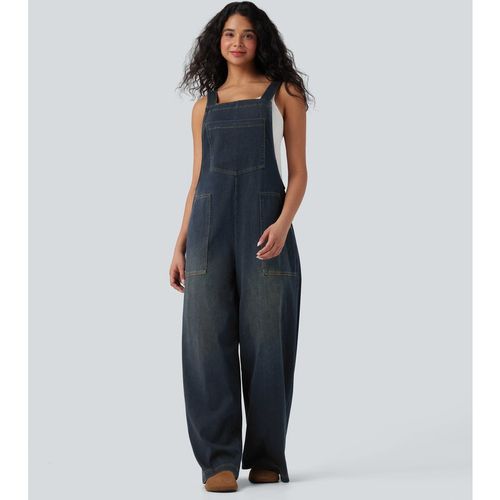 Halara Halara Flex™ Square Neck Washed Denim Casual Dungarees with Pockets - Mottled Dark Blue Deni