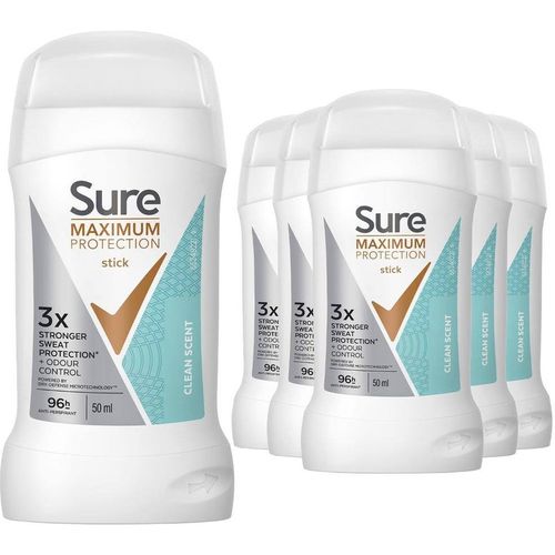 Sure Unisex Men Maximum Protection Clean Scent AntiPerspirant Cream Stick ,6 Pack