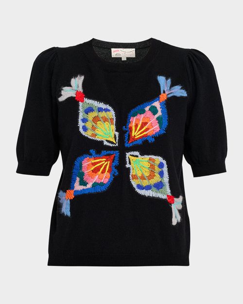 Embroidered Wool-Cashmere Short-Sleeve Sweater