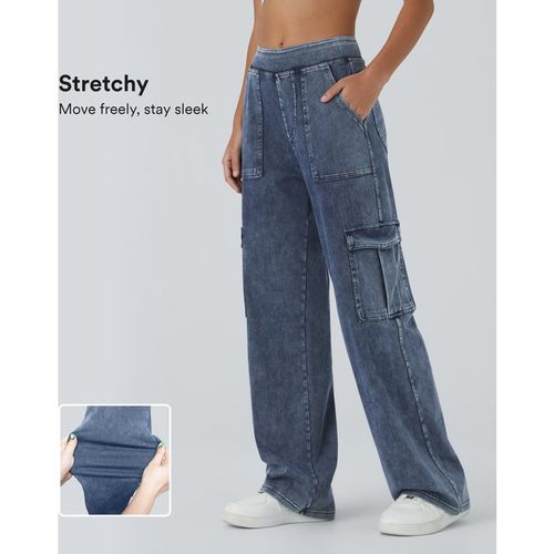 Halara Halara Flex™ Mid Rise Pockets Straight Leg Casual Cargo Jeans - Washed Denim Bleached Blue - XLta
