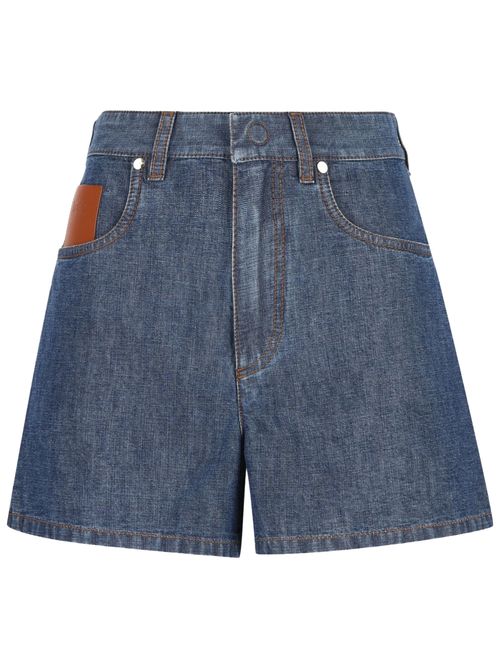Appliqué Cotton Denim High-Waist Shorts with Leather Logo Patch