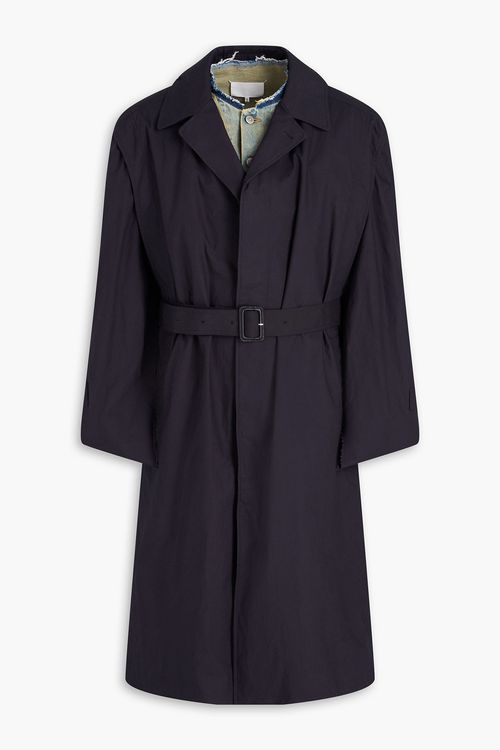 Belted layered denim, seersucker, and cotton-poplin trench coat