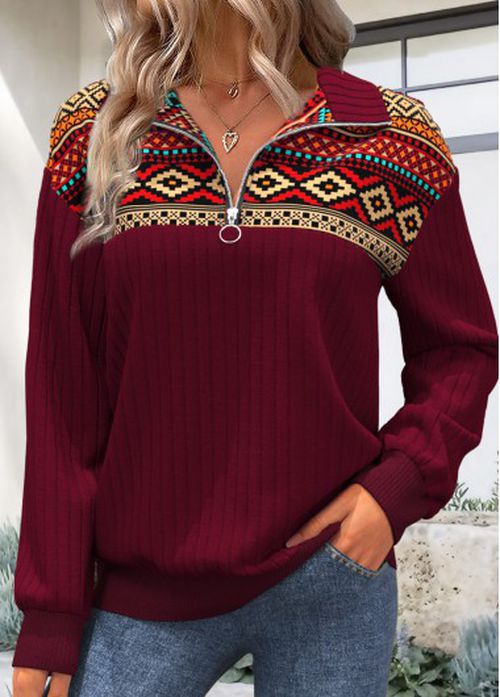 Modlily Deep Red Zipper Tribal Print Long Sleeve Sweatshirt