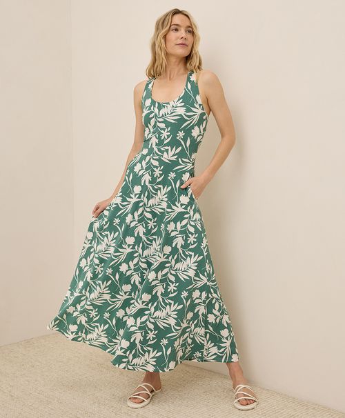 Women's Tropical Palms Deep Sea Green Fit & Flare Open Back Maxi Dre